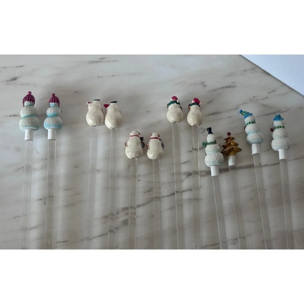 Vintage Snowman and‎ Christmas Tree Glass Swizzle Sticks Set 12Holiday Stirrers
